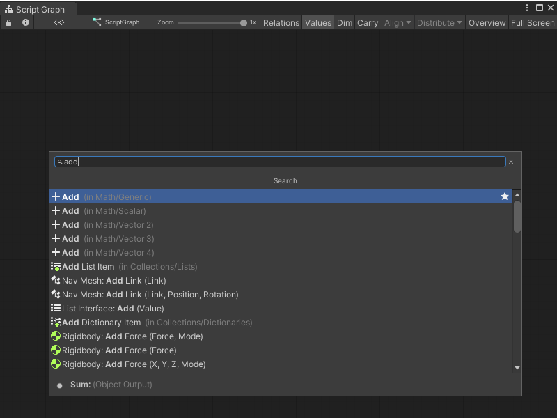 Visual Scripting のファジーファインダーの検索結果に Add ノードとその 4 つのオーバーロードが表示されています。