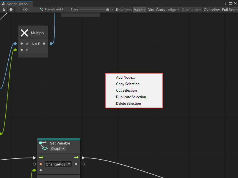 Graph ウィンドウ: Graph Editor 内で Script Graph にコンテキストメニューが表示されています。