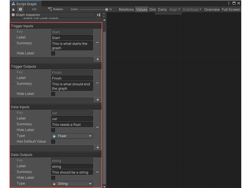 Graph Inspector に、現在開かれている Script Graph にポートを追加するオプションが表示されています。