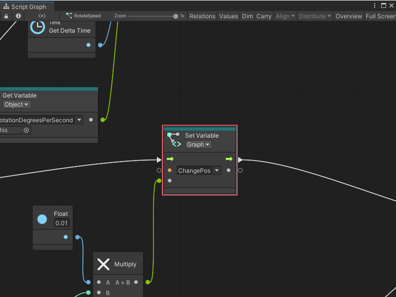 Graph ウィンドウ: Graph Editor で Set Variable ノードが選択されて中央配置されています。