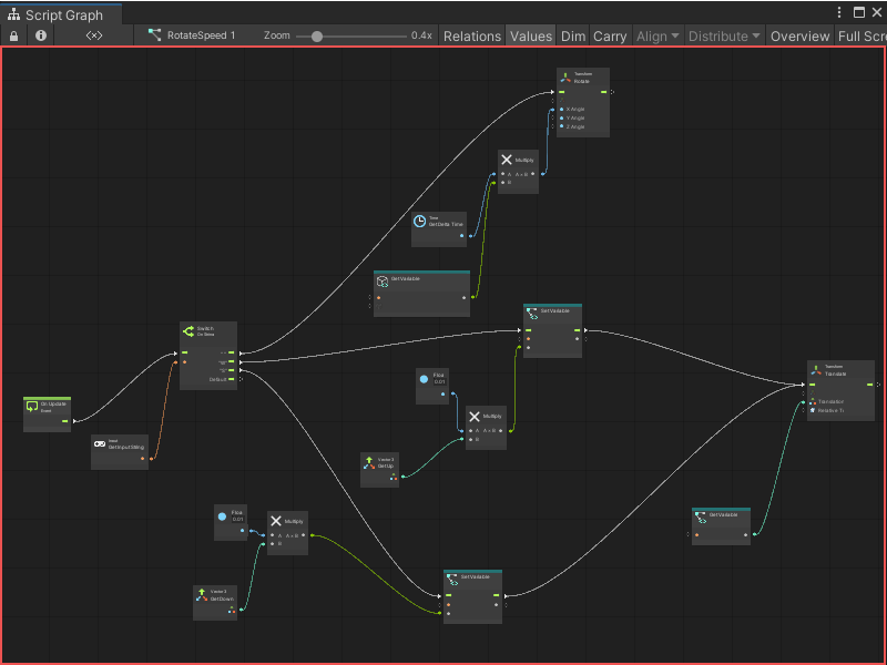 Script Graph 内に複数のノードと接続がある、Graph エディターのビュー