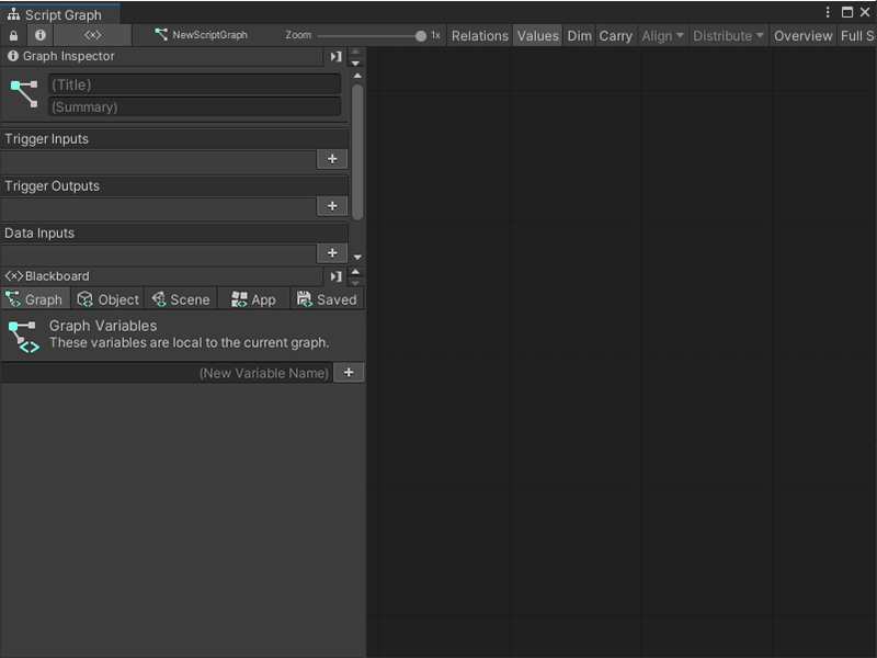 Project ウィンドウを使用して作成された、スターターノードを含まない Script Graph