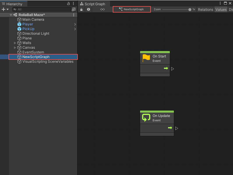 空グラフ作成フローで On New GameObject オプションを使用して作成された新しい Script Graph