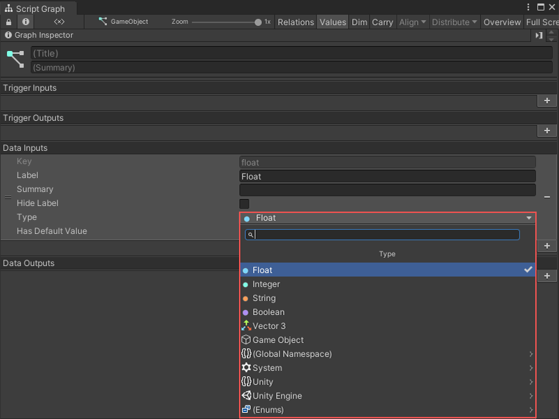 Visual Scripting の Type メニューの画像