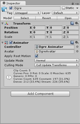 ゲームオブジェクトの Animator コンポーネント内で Override Controller が使用されている
