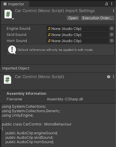 3 つの AudioClip フィールドを持つ MonoBehaviour スクリプト。これらのフィールドのデフォルト参照は未設定のまま表示されます。
