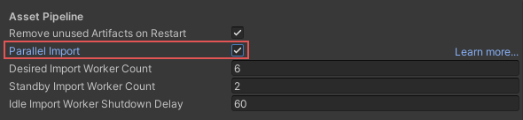 Project Settings ウィンドウの Parallel Import オプション。