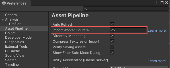 Preferences ウィンドウの Importer Worker Count 設定