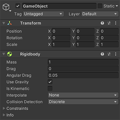 Rigidbody コンポーネントがアタッチされている空のゲームオブジェクト