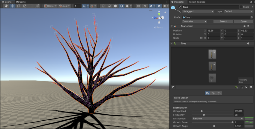 1 つの枝グループを持つ樹木の幹。