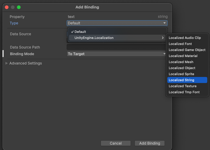 Add data bindings in the UI Builder to localized strings and assets.