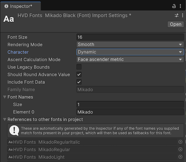 Many of these import options are remnants of the legacy text system in Unity UI. There are plans to remove them in future releases. Rendering Mode, Character, and Include Font Data are used for generating the Font Asset.