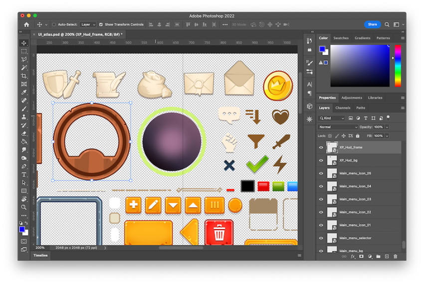 Creating the UI assets in Photoshop: Normally each element has its own layer, group, or is a smart object. Smart objects allow you to work on each element in isolation and preserve the original resolution of the element, even if resized later in the main document.