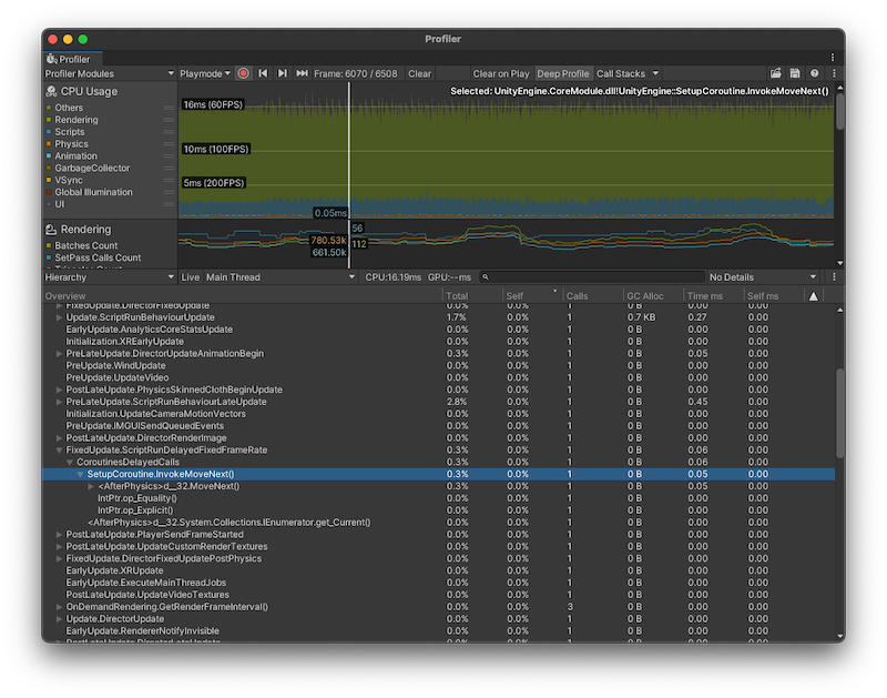 Profiler session with a coroutine in a DelayedCall