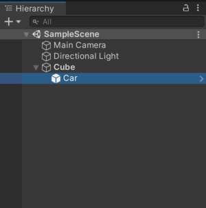 この画像では、Cube ゲームオブジェクトがデフォルトの親になっています。ユーザーが Car ゲームオブジェクトをシーンビューにドラッグすると、自動的に Cube ゲームオブジェクトの子になります。