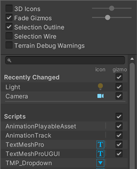 The Light icon is faded, indicating that the Editor does not display light icons in the Scene view. The Camera icon is full-color, indicating that the Editor does display camera icons in the Scene view.