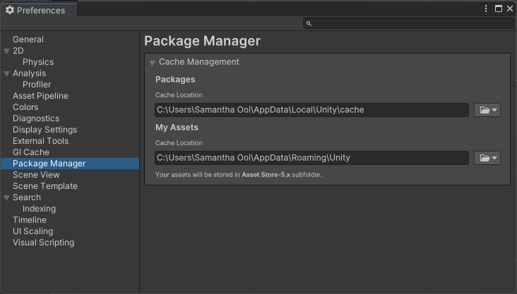 Package Manager カテゴリーが選択された Preferences ウィンドウ