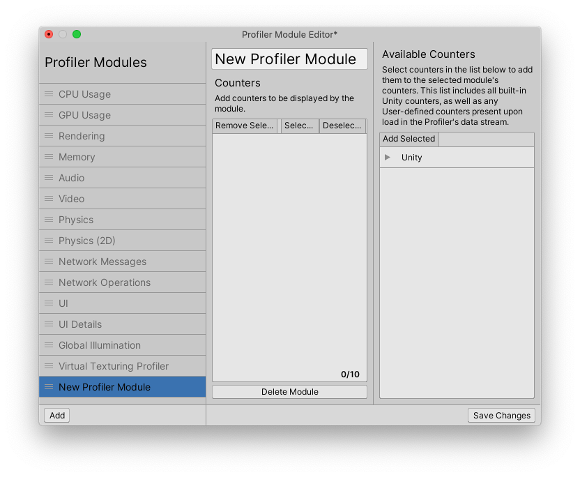 Profiler Module エディターウィンドウ (新しいモジュールが選択されている状態)。