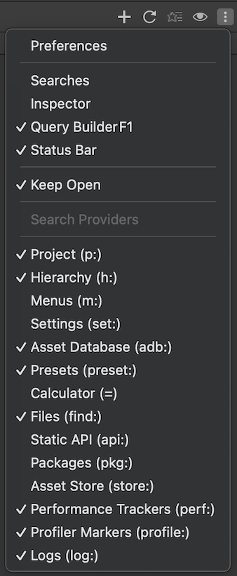 The Search windows More menu with the list of search providers available in the project