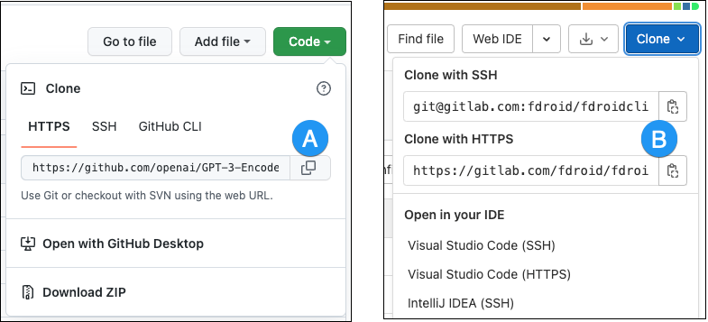 Where to copy the URL on GitHub (A) and GitLab (B)