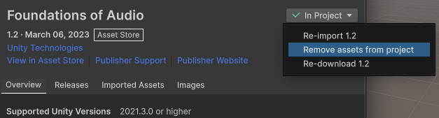 Package Manager の詳細パネルのアクションメニュー