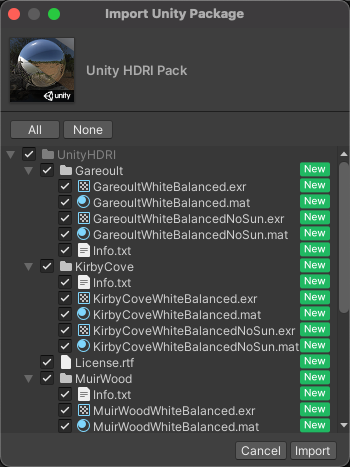新規インストール Import Unity Package ダイアログボックス