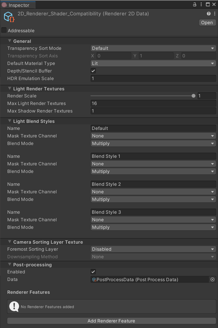 2D Renderer Data Asset のプロパティ設定