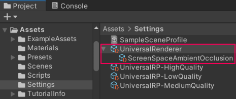 Project ウィンドウでレンダラーの子項目として表示される Renderer Feature