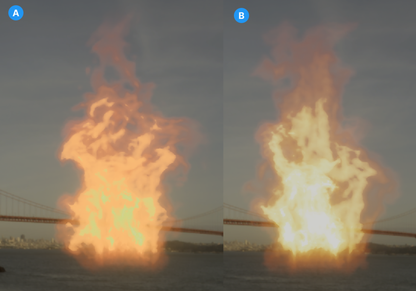 画像 A:色相シフト量 が 0 の場合の出力。画像 B:色相シフト量が 1 の場合の出力。