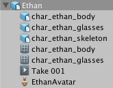 アバターはインポートされたモデルのサブアセットとして表示されます