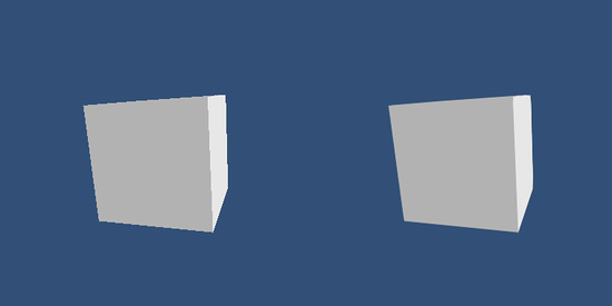 左の立方体はアンチエイリアスなしでレンダリングされ,右の立方体はFXAA1PresetBアルゴリズムを使用しています