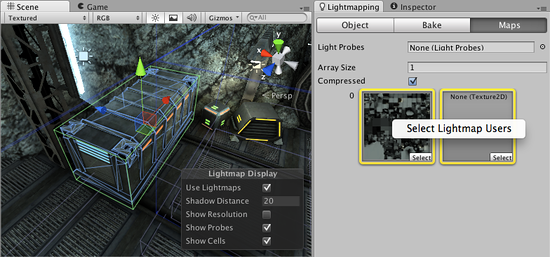 ライトマップを右クリックすると,選択したライトマップを使用しているすべてのゲーム オブジェクトを選択できます。 現在の選択内容からのアクティブなオブジェクトのライトマップは黄色で強調表示されます。
