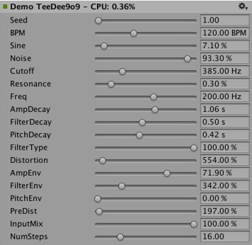 シンプルなベースラインとドラムシンセサイザーで tempo-synchronized エフェクトをデモします。