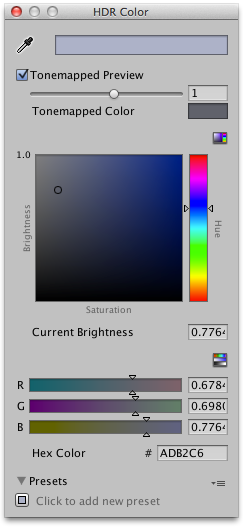 Tonemapping Preview オプションを選択しプロパティーが表示されている HDR Color Picker ウィンドウ
