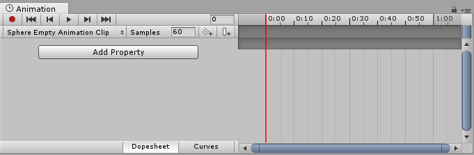 Animation ビューが空のクリップを表示しています。左側にプロパティがまだ、何も表示されていません。