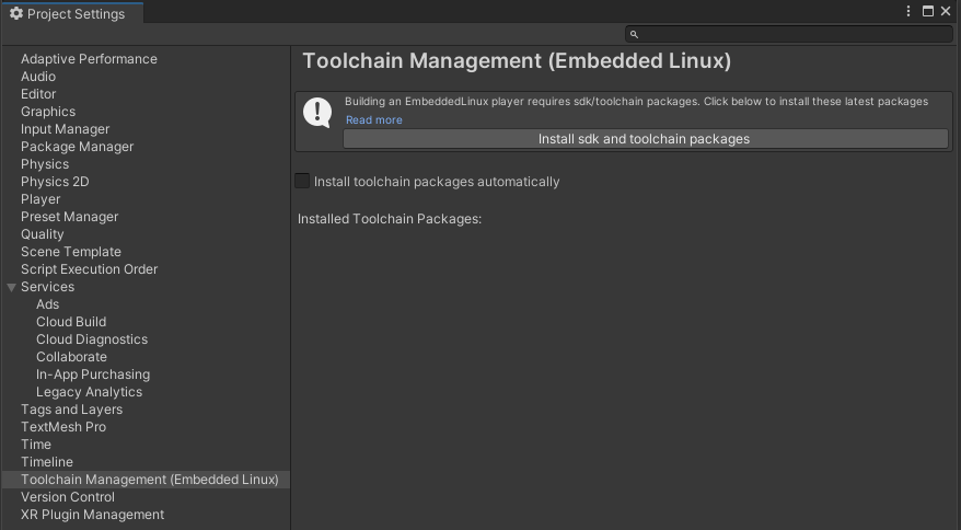 Toolchain Management (Embedded Linux) の Install sdk and toolchain packages ボタン