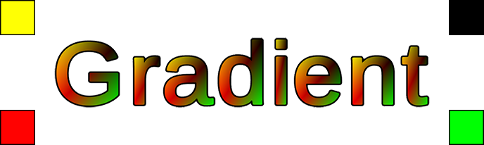 各文字の左上が黄色、右上が黒、左下が赤、右下が緑の 4 カラーグラデーションのテキスト。