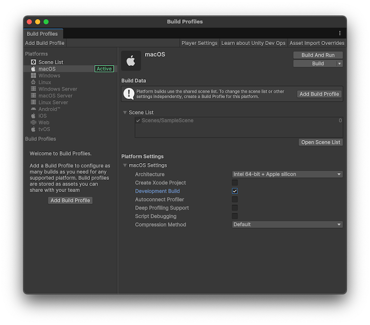 Development Build を有効にした Build Profiles