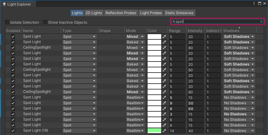 影をキャストするすべてのスポットライトを見つける Light Explorer