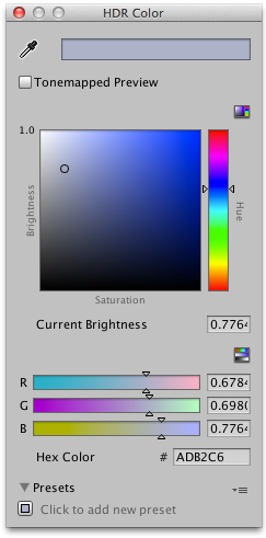 HDR 컬러 피커 창(스탠다드 셰이더에서 이미션 컬러 프로퍼티를 클릭하거나 스크립트에서 ColorUsageAttribute를 컬러에 사용하는 경우 표시됨)