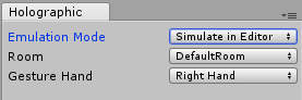 __Simulate in Editor__가 선택된 홀로그래픽 에뮬레이션 제어 창 