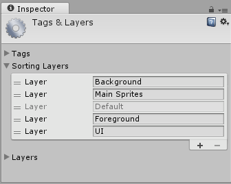 4개의 커스텀 정렬 레이어가 있는 Sorting Layers 리스트