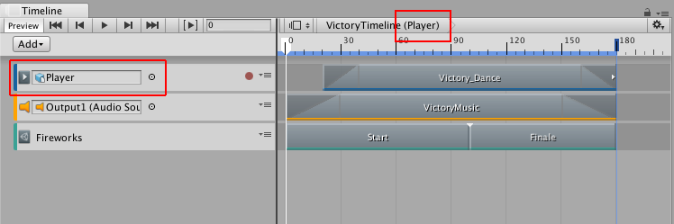 Player 게임 오브젝트(빨간색)가 VictoryTimeline 타임라인 에셋에 연결되어 있습니다.