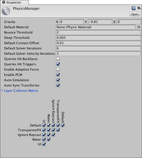 인스펙터 창에 표시된 PhysicsManager