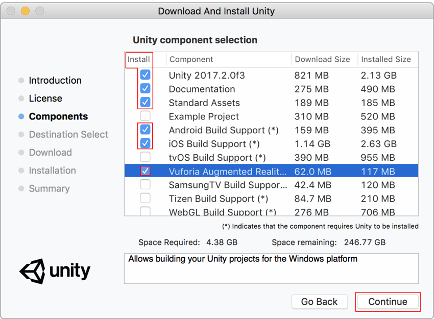 Unity 설치 프로그램을 통해 Vuforia 증강 현실 지원 설치
