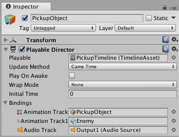 이름이 PickupObject인 게임 오브젝트에 추가된 Playable Director 컴포넌트. 게임 오브젝트가 PickupTimeline 타임라인 에셋과 연결되어 있습니다.
