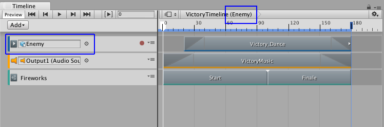 Enemy 게임 오브젝트(파란색)도 VictoryTimeline 타임라인 에셋에 연결되어 있습니다.