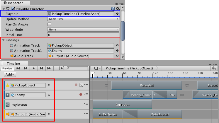 Playable Director 컴포넌트는 타임라인 에셋(파란색)을 에셋에 바인딩되어 있는 게임 오브젝트(빨간색)와 함께 표시합니다. 타임라인 에디터 창에는 동일한 바인딩(빨간색) 정보가 트랙 목록에 표시됩니다.