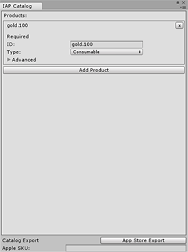 그림 B: 상품을 정의하고 익스포트하는 IAP 카탈로그 창