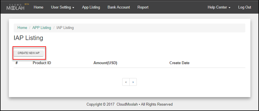 CloudMoolah create new IAP 버튼